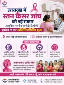 उत्तराखंड में स्तन कैंसर जांच को नई रफ्तार, आधुनिक तकनीक से पौड़ी-टिहरी में सप्ताह में दो बार स्क्रीनिंग शिविर शुरू, सचिव स्वास्थ्य सचिन कुर्वे ने कहा – दूरस्थ क्षेत्रों तक पहुंचाई जा रही हैं आधुनिक जांच सुविधाएं